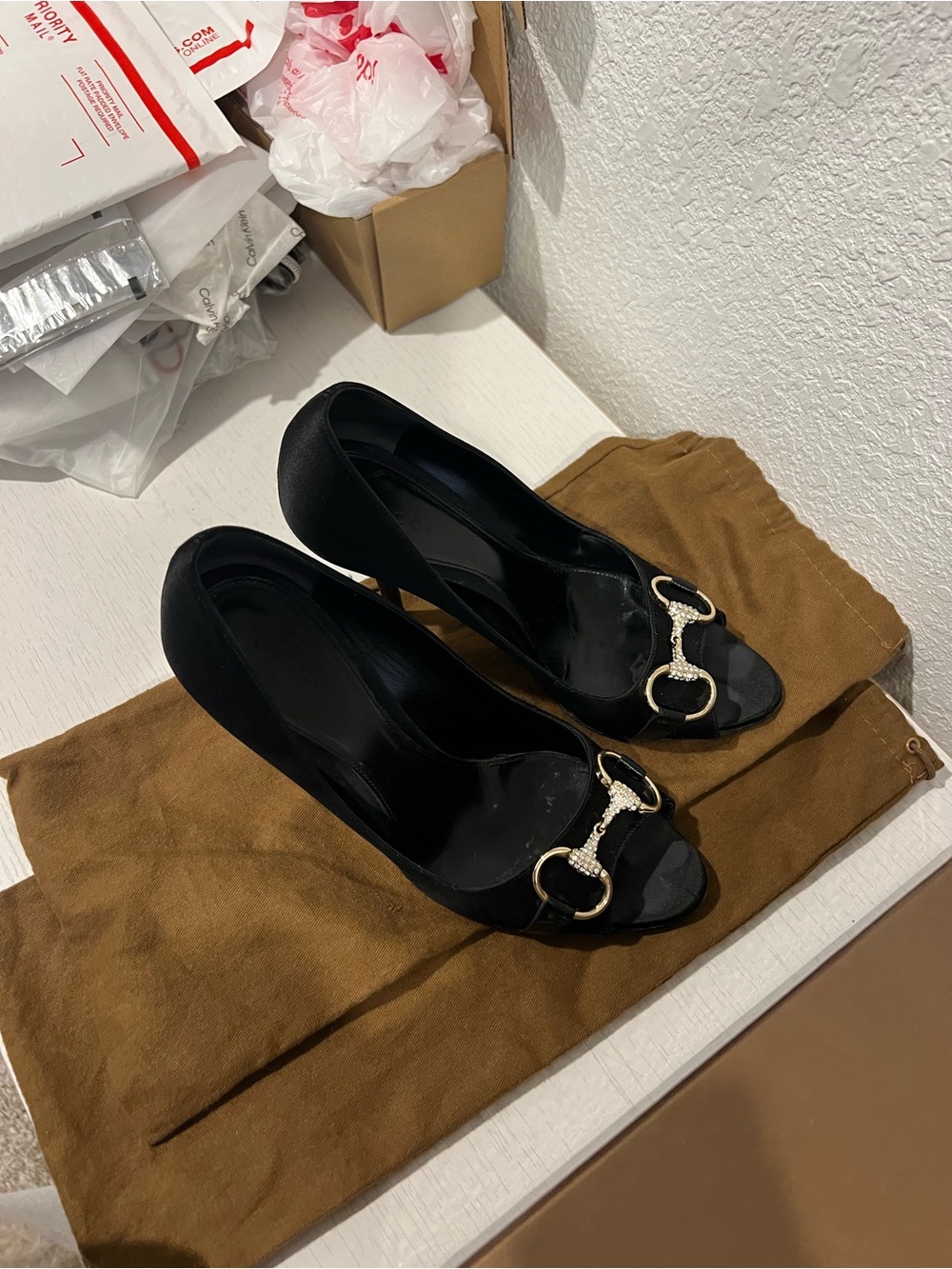 Gucci Black Satin Peep-Toe Heels with Gold Crystal Horsebit - Picture 3 of 8